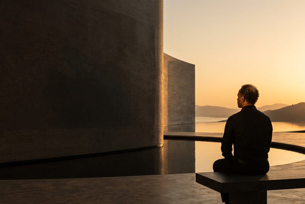 Man with thinning curly hair seated in a gold-lit architectural setting