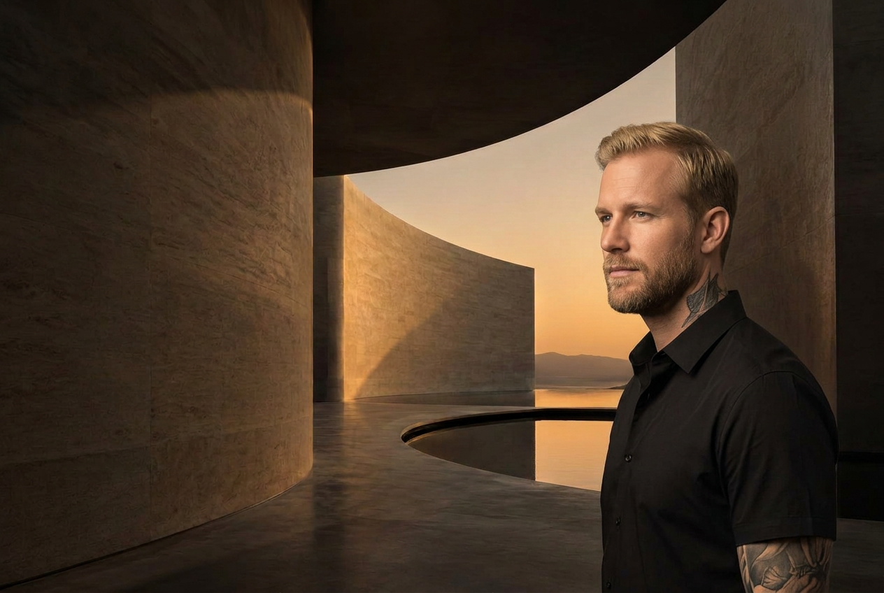 Blond, bearded man with slight hair thinning and tattoos in warm gold-lit architecture